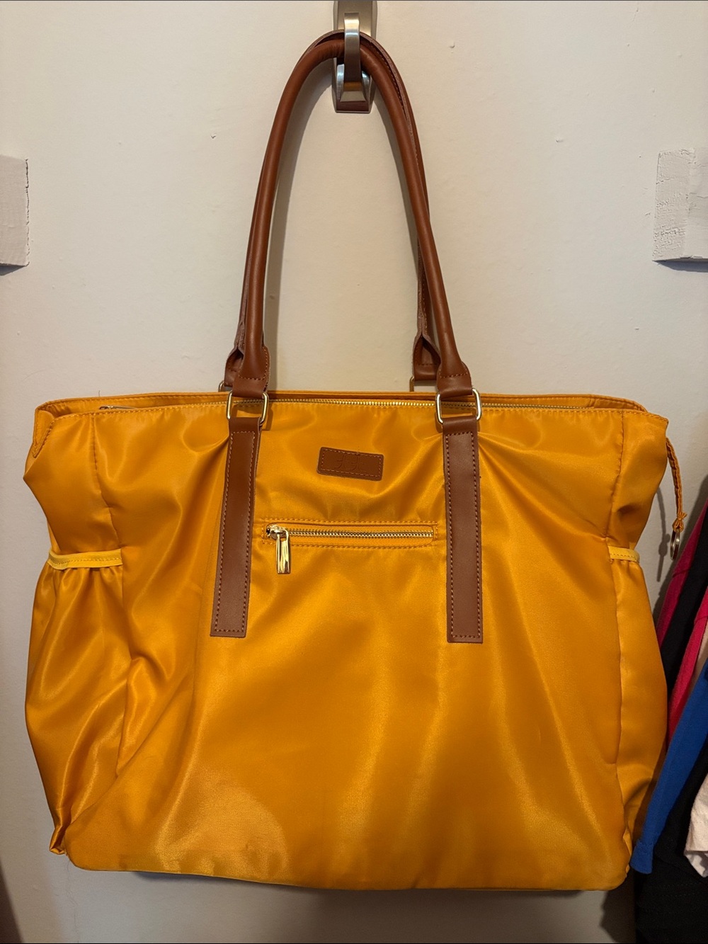Yellow Teacher Tote Bag with Brown Leather Handles
